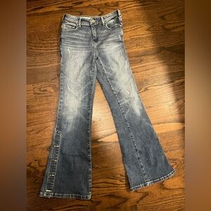 Anthropologie Pilcro High Rise Botton Flare Denim Boot Cut Jeans Size 25 Petite